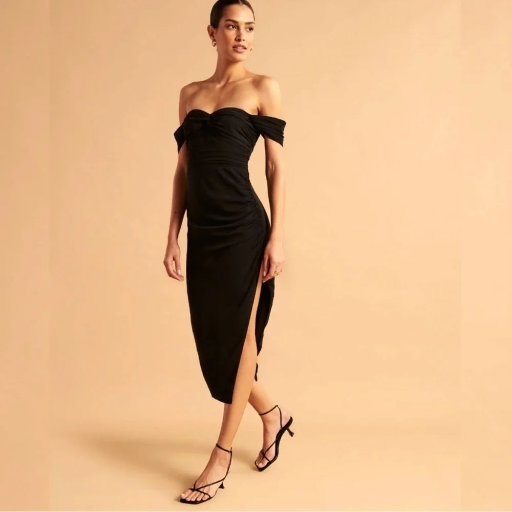 NWT Abercrombie & Fitch Off-The-Shoulder Ruched Black Side Slit Midi Dress Small - Picture 1 of 13